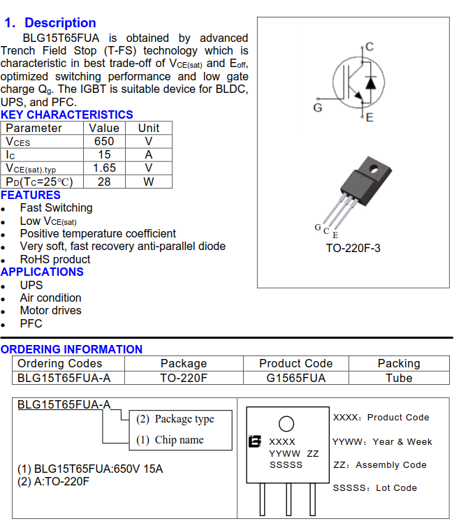 上海貝嶺BLG15T65FUA絕緣柵雙極晶體管（IGBTs）規格書